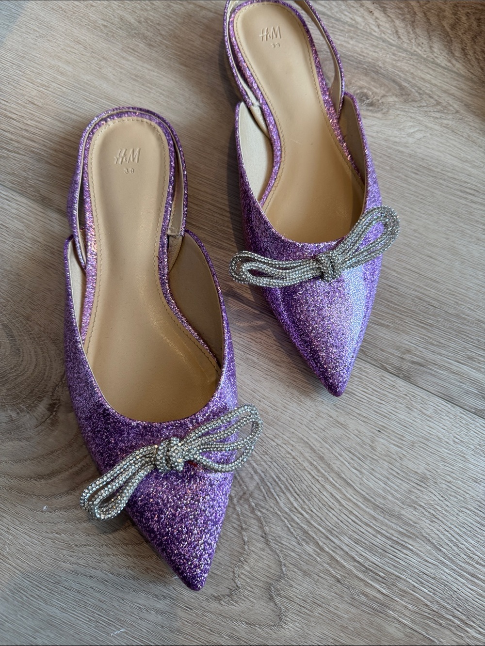 H&M Glitter Purple Pointed Slingback Flats with Rhinestone Bow
